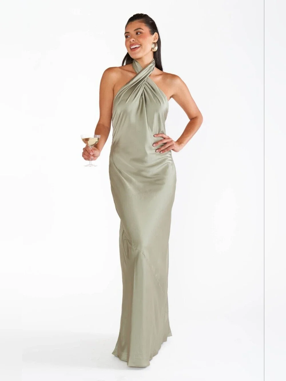 Show Me Your MuMu Jasmine Halter Maxi Moss Green Luxe Satin Dress XS Wedding